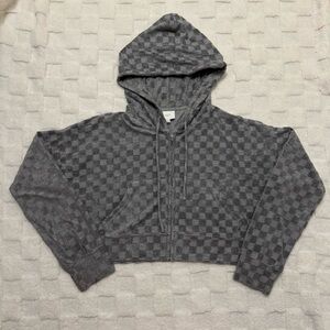 NIA Gray Checkered Cropped Full Zip Hoodie Terrycloth Women’s Medium
